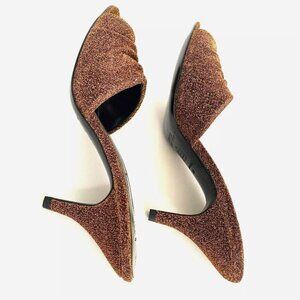 NWOB Handmade NYC DESIGNERS Amber Gold Glitter Mule Leather Outsole Kitten Heels
